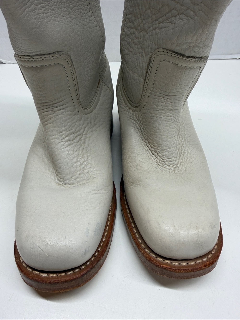 Frye Campus Heeled Boots Pebbled Leather Mid Calf Ivory Vintage USA Size 8.5 M - Picture 7 of 10